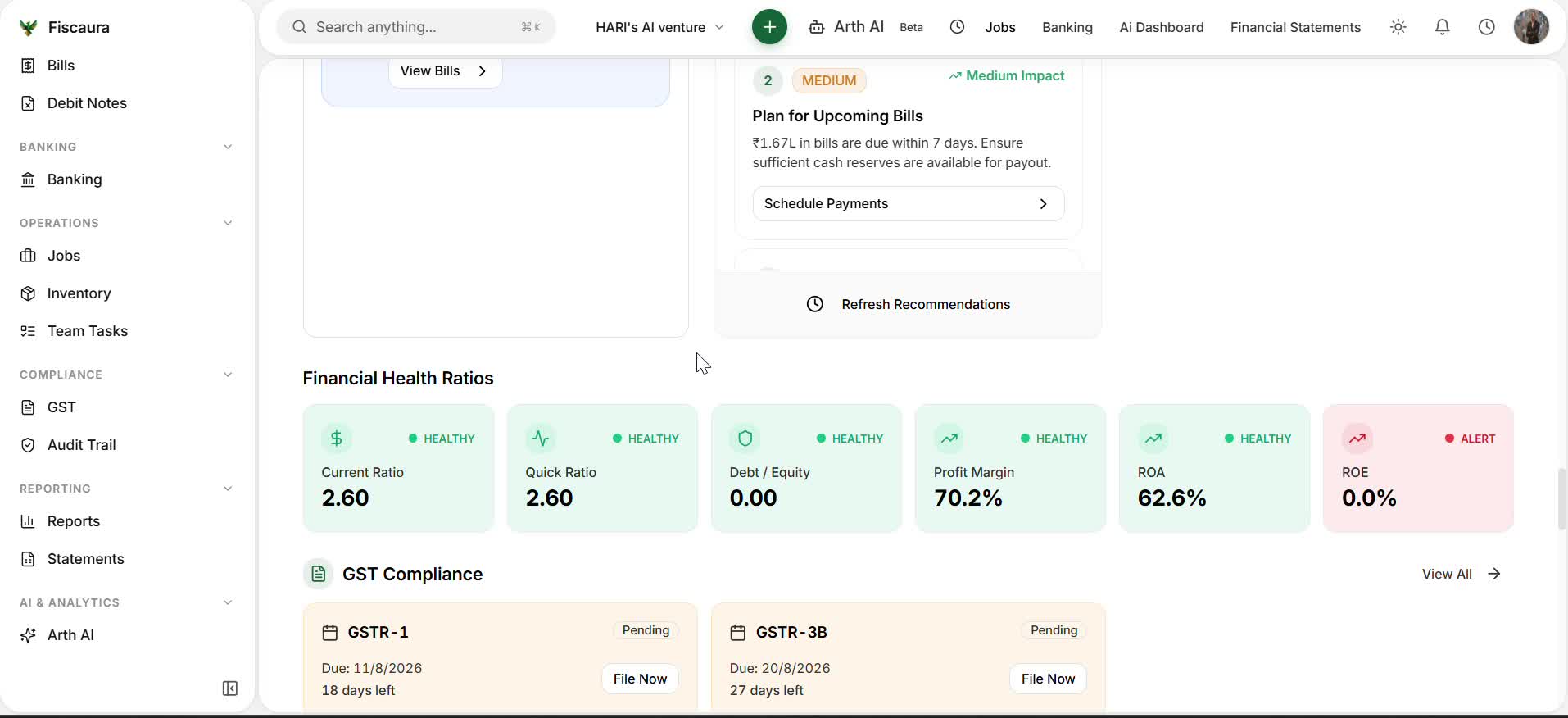 FiscAura dashboard: financial health ratios — current ratio 2.60, profit margin 70.2%, ROA 62.6% — beside GSTR-1 and GSTR-3B filing deadlines and an Arth recommendation to plan ₹1.67L of upcoming bills.